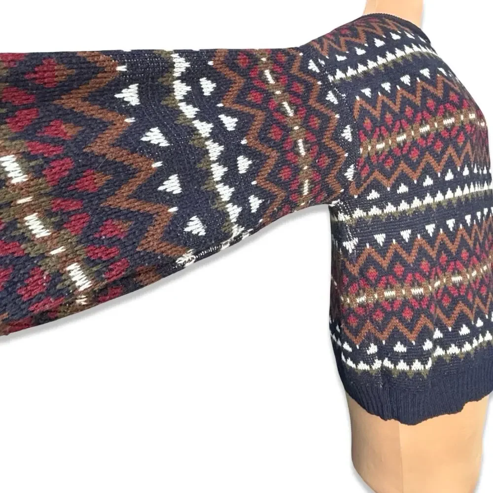 Vintage 90s Navy Blue Burgundy Fair Isle Knit Crewneck Sweater Mens XXL Cozy